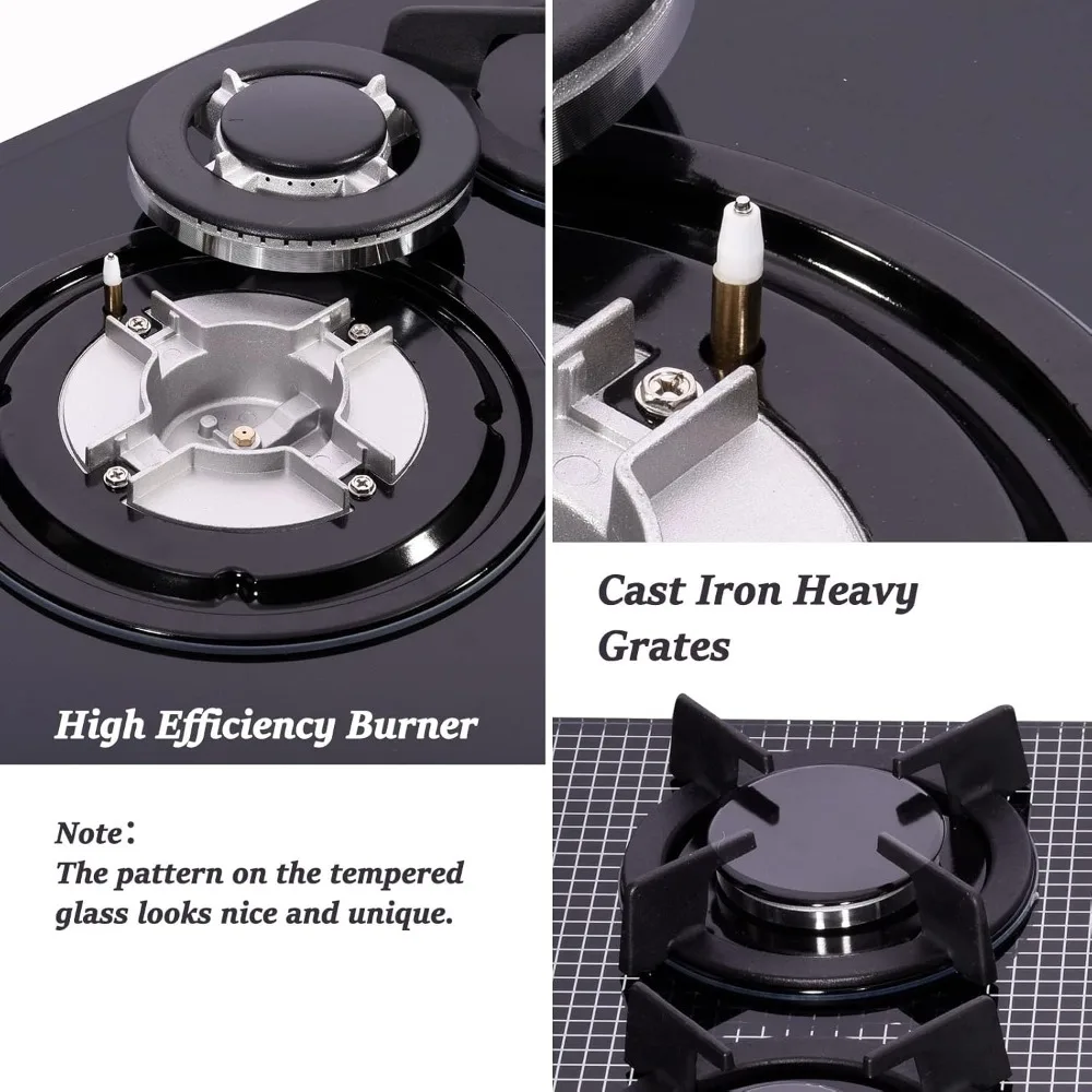 Plaque de cuisson à gaz avec grilles en fonte, plaque de cuisson en verre du Guatemala, gaz intégré, 5 brûleurs, 30 po