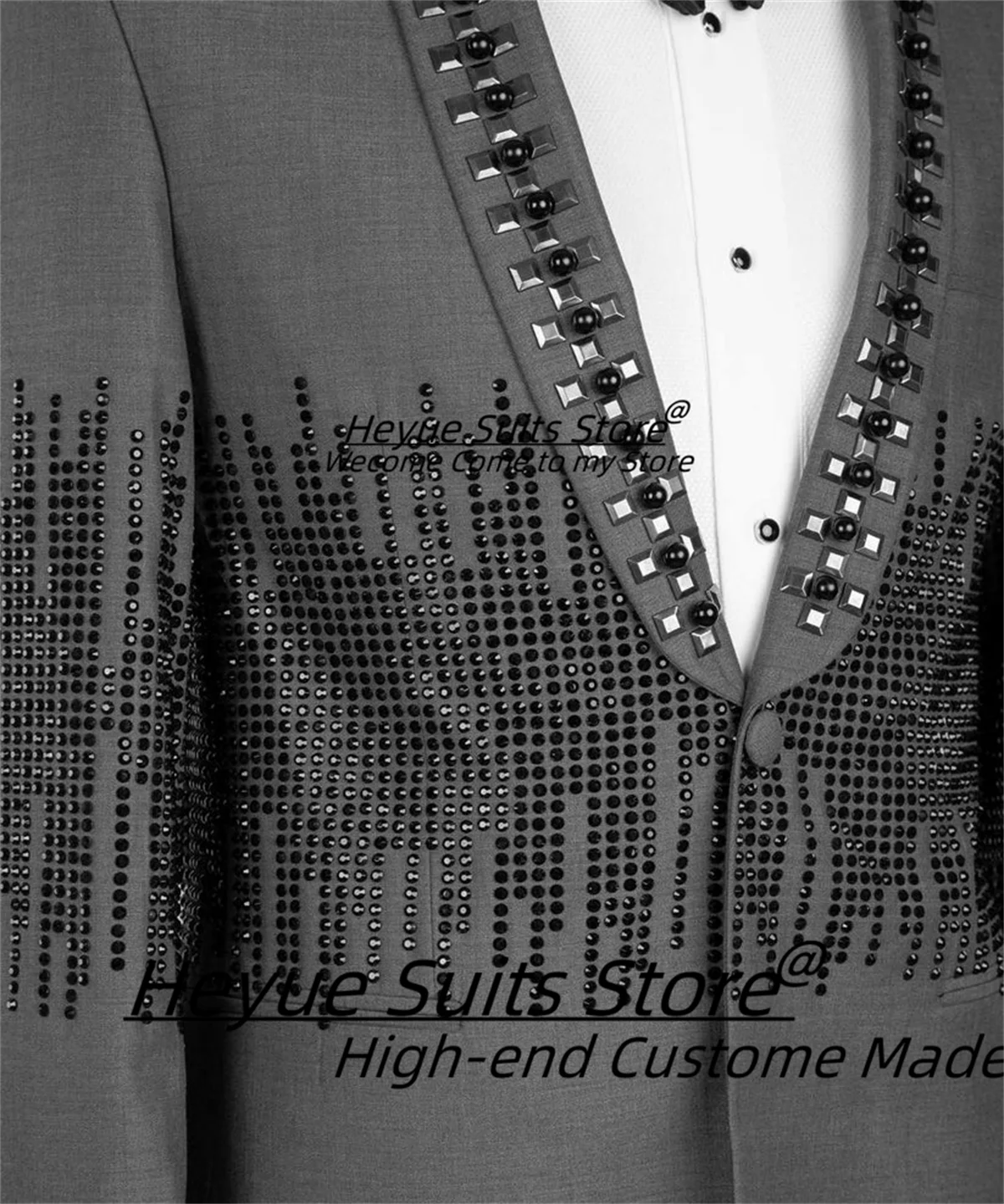 Luxuly Stone Stitched Formal Prom Men Suits Customized Slim Fit Shawl Lapel Groom Wedding Tuxedos 2Pieces Sets Male Prom Blazers