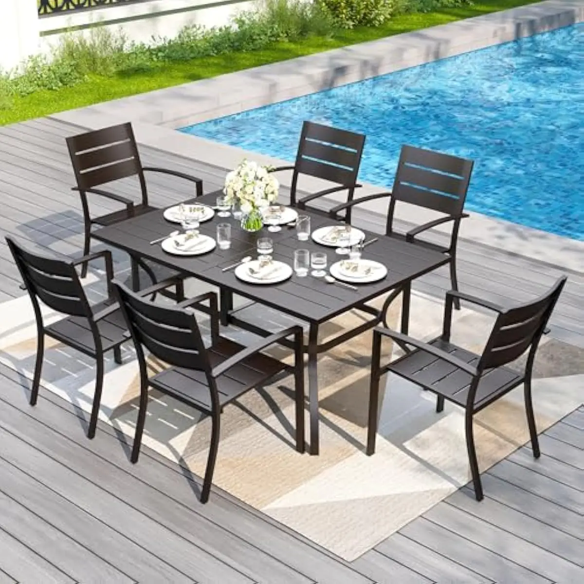 7 Piece Rustproof Outdoor Dining Ensemble Featuring 60 Inch Rectangular Steel Table with Umbrella Hole and Six Stackable Ergonom