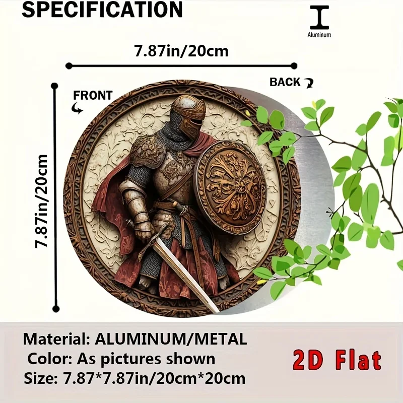 Medieval Armored Knight Sword Shield Carved Round Tin Sign - Vintage Durable Metal Plaque Wall Decor, Gothic Castle Man Cave Hom