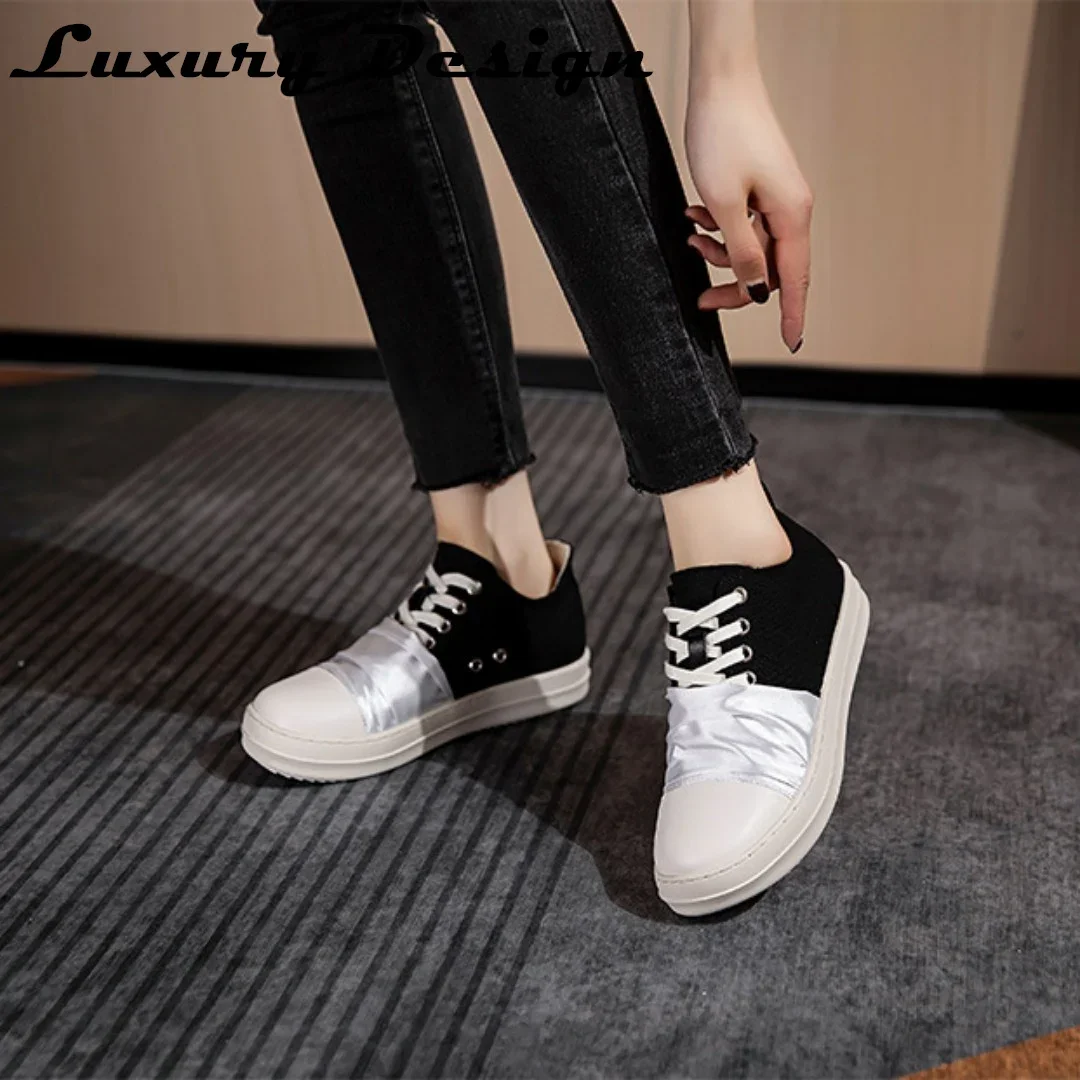 Vintage Design Men's Shoes Low Top Lace Up Fashion Platform Black Canvas Casual Flats Shoes Women's Round Toe Chunky Sneaker