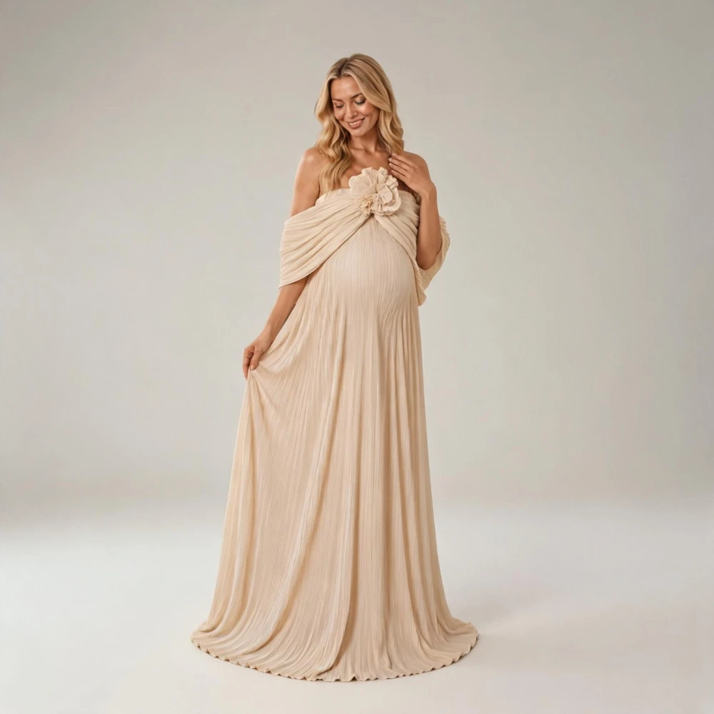 Pleated Maternity Dress for Photoshoot Off Shoulder 3D Flower Pregnancy Gown Elegant Baby Shower Maxi Dress 2027 HY269005
