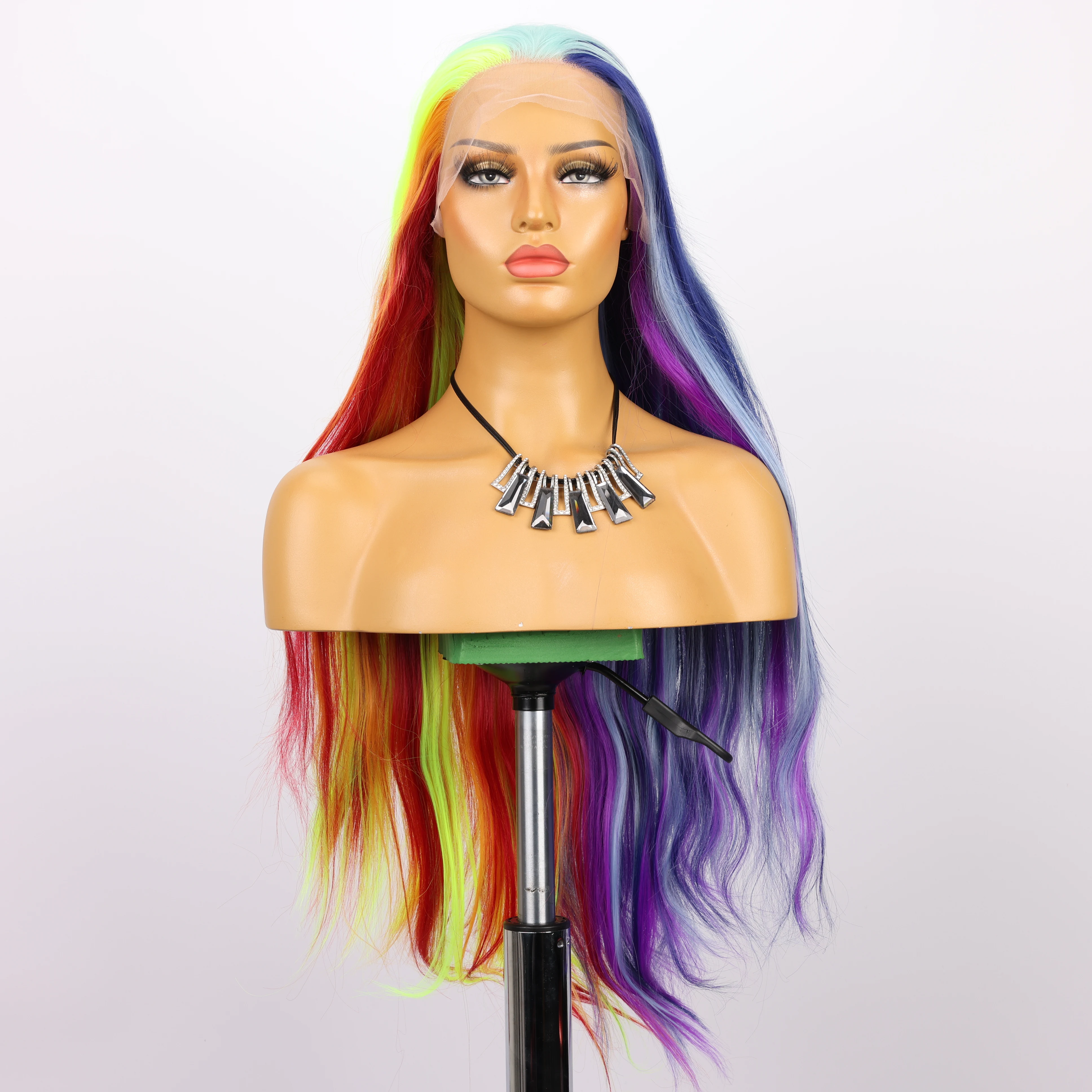 

Rainbow Color Synthetic Wig Suitable For Women Cosplay Party Long Straight Mixed Color Wig Fashion Good-Looking Transparent Lace