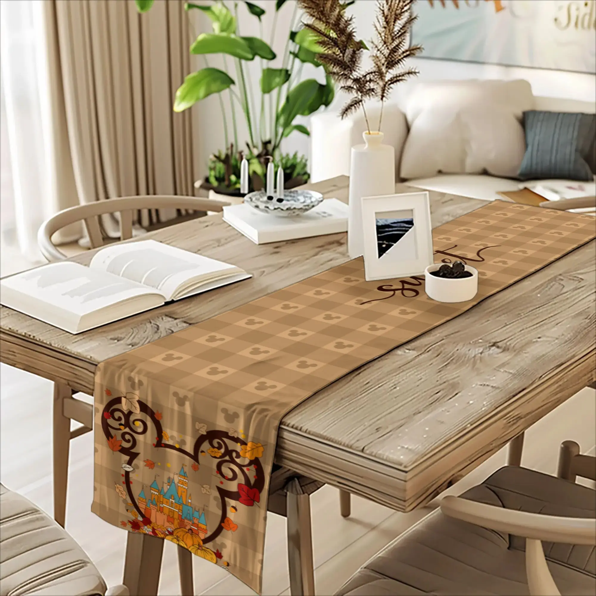 

1 шт. Декоративная скатерть Disney с Микки Маусом на осенню тематику — льняная, с 2D-печатью, для столовой, кухни, гостиной, праздничного декора дома