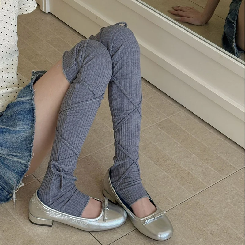 Stoking Tinggi Tali Vertikal Warna Polos Katun Kaus Kaki Paha Nyaman Lembut Sejuk Wanita Sederhana Segar Aksesori Fashion