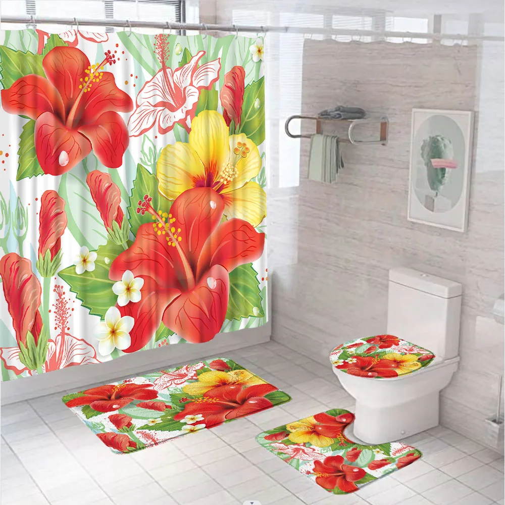 Blooming Rose Branch Shower Curtains Sets Anti-slip Rug Toilet Lid Cover Bath Mat Grey Wall Tiles Brick Flowers Bathroom Curtain