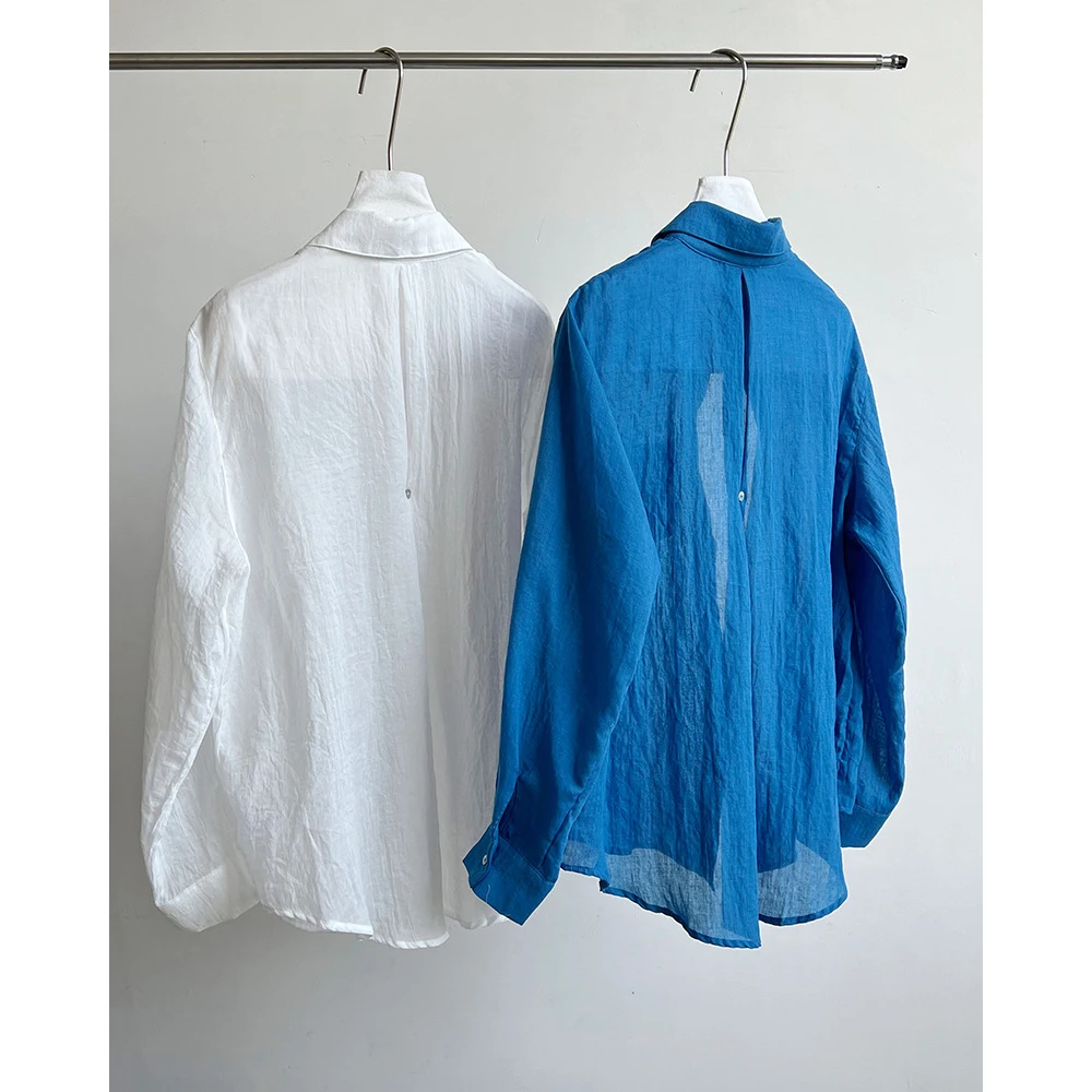 2026 mujeres verano estilo suelto manga larga blanco azul blusas cuello vuelto moda Boho mujeres Tops camisas