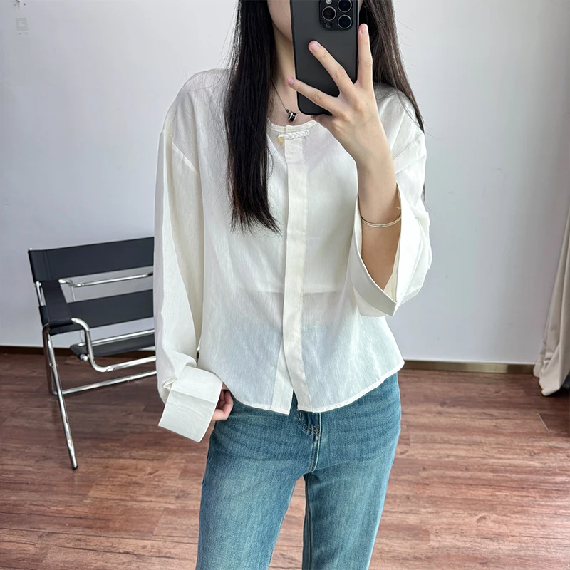 

Meecion Comfortable Lightweight Chinese Sle Silk Lyocell Outerwear Sun Protection irt Long Sve round Ne Loose Fit Wo...