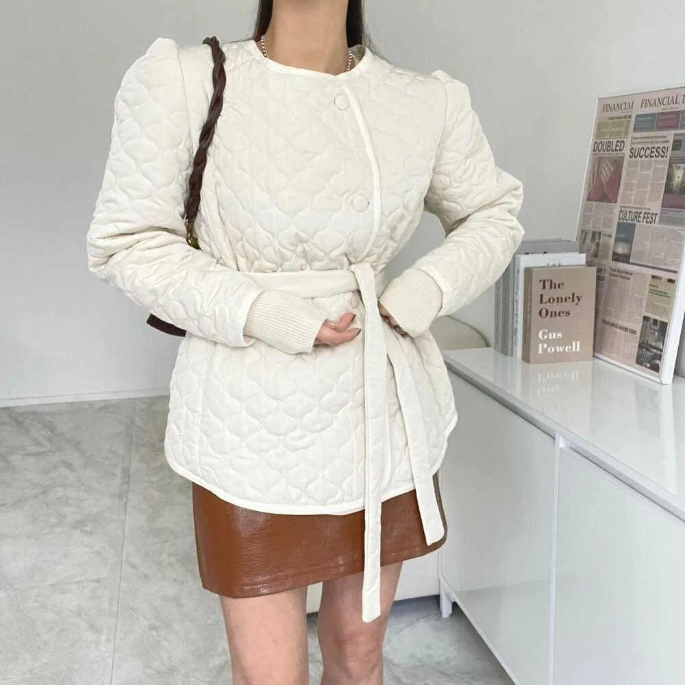 Retro Cotton Jaet Women's round Ne Simple Faion Single Button Belted Waist Cotton Clothes Autumn Winter Commute Sle