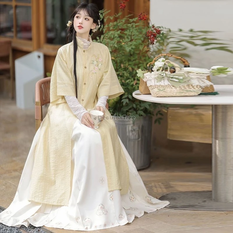 women's ming dynasty chinese style daily hanfu full set spring ancient embroidery standing collar long shirt horse face skirt