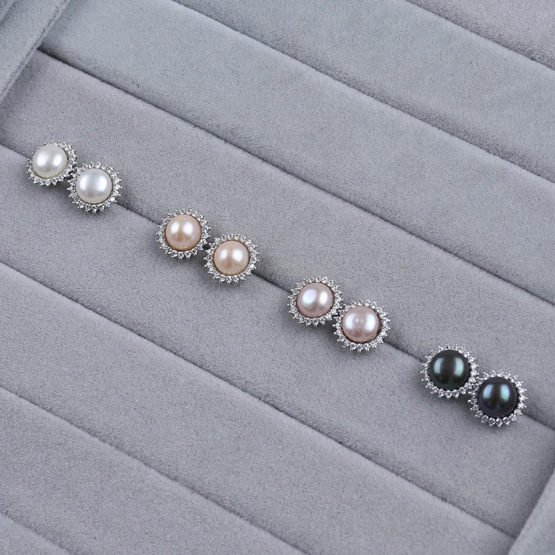 10pairs 925 sterling silver 7-8mm natural color freshwater button pearl Earring Stud for women