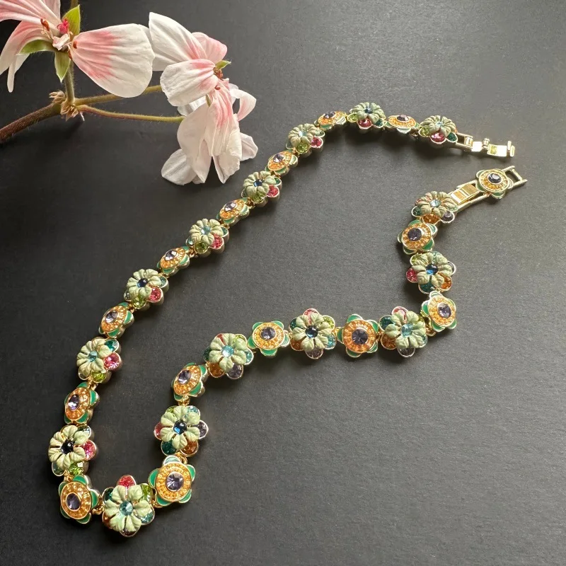 VKVVA Green Enamel Czech Rhinestone Flower Choker Necklace, Double Layer Multicolor Crystal Floral Statement for Women Party