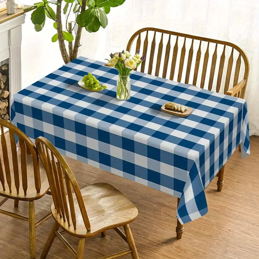 Solid Art Tablecloth, Classic Blue White Gingham Pattern, Waterproof Table Cover, Simple Rustic Interior Decoration