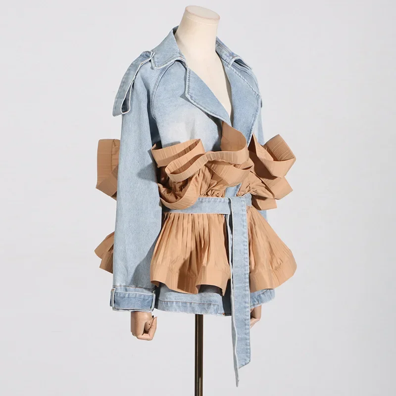 Women Turn Down Collar Contrast Color Ruffles Folds Coat Denim Coat Ruched Lotus Jeans Jacket Straps Belted Cardigan Tops 2024