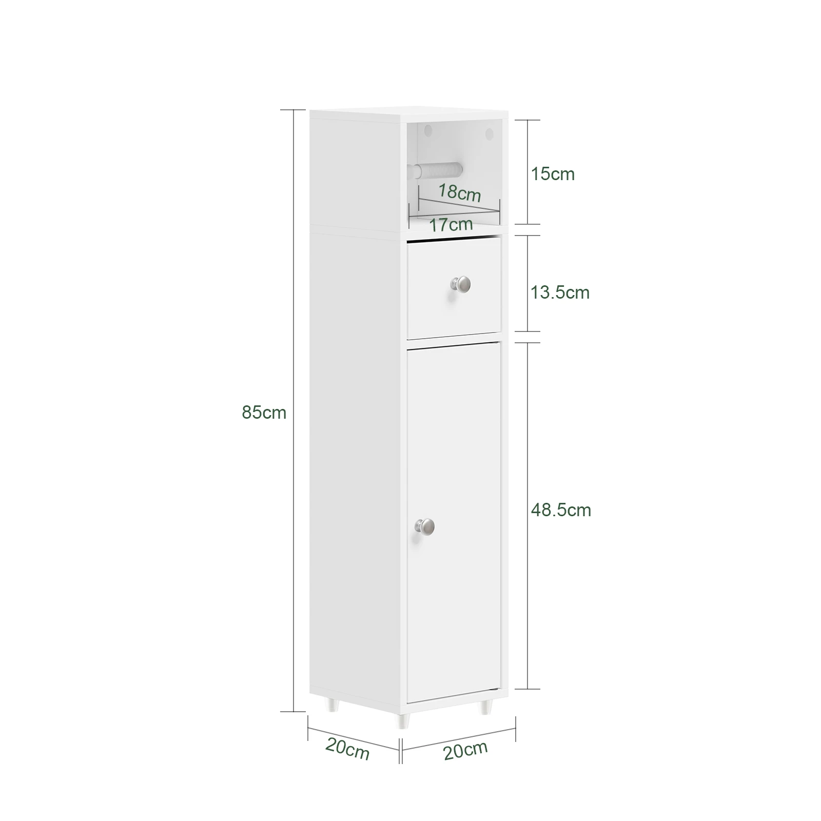 SoBuy BZR219-W Mueble Baño Auxiliar Estrecho 20cm, Armario Baño con Portarrollos y Cajón, Almacenaje Baño Pequeño con Estantes Ajustables, Cajonera Baño Slim para WC y Lavabo