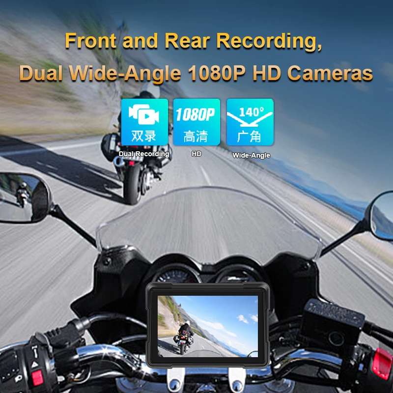 5 Inch Motorcycle DVR Front Rear Camera Waterproof Wireless CarPlay Android Auto GPS Navigation Motorcycle Dash Cam 128G TF card