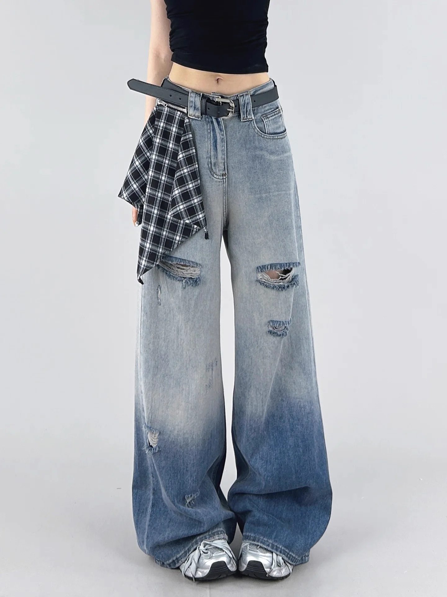 

Women Color Changing Ripped Jeans High Waisted Straight Leg Denim Pants Summer New Loose Fit Wide Leg Slimming Trousers