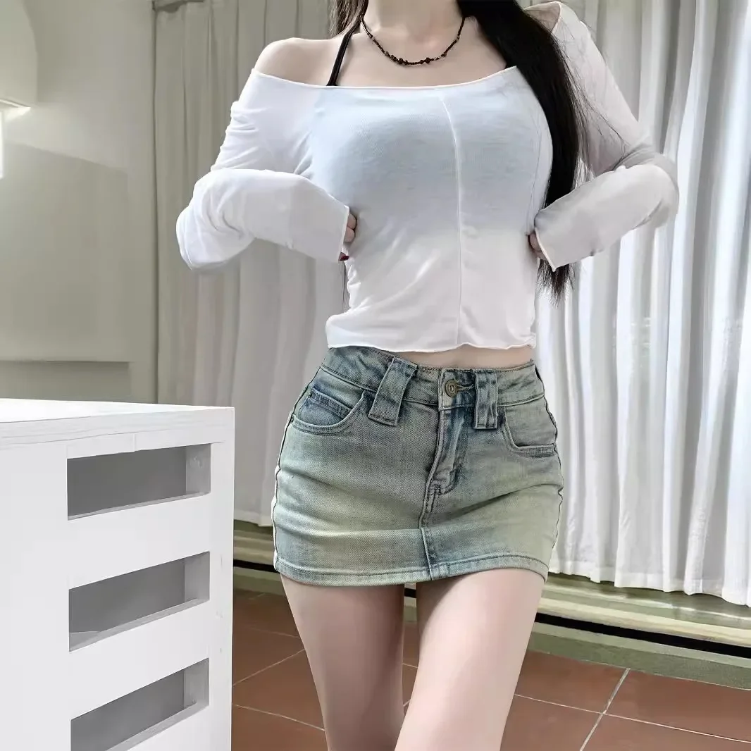 Vintage Denim Skirt For Women High-Waisted Bodycon Style Mini Skirt Perfect For Summer Anti-Exposure Design Petite Fashion