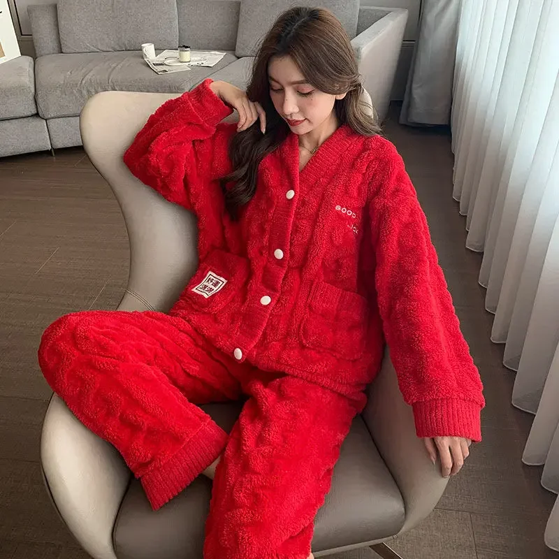 Red Coral Fleece Pajamas Women Fall Winter  Add Fleece To Thicken Cardigan Jubilant Loungewear Can Be Worn Outside sleepwear