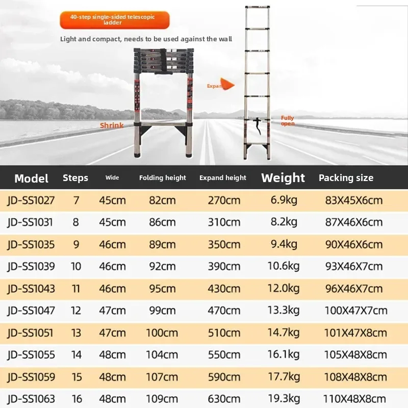 Jiudeng stainless steel telescopic ladder factory climbing herringbone ladder single side against the wall straight ladder