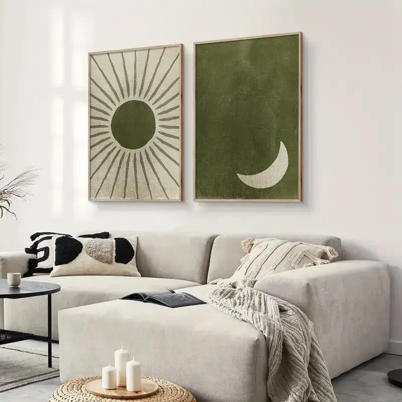

Набор из 2 картин "Солнце и Луна", абстрактная живопись на холсте, оливково-зелёный