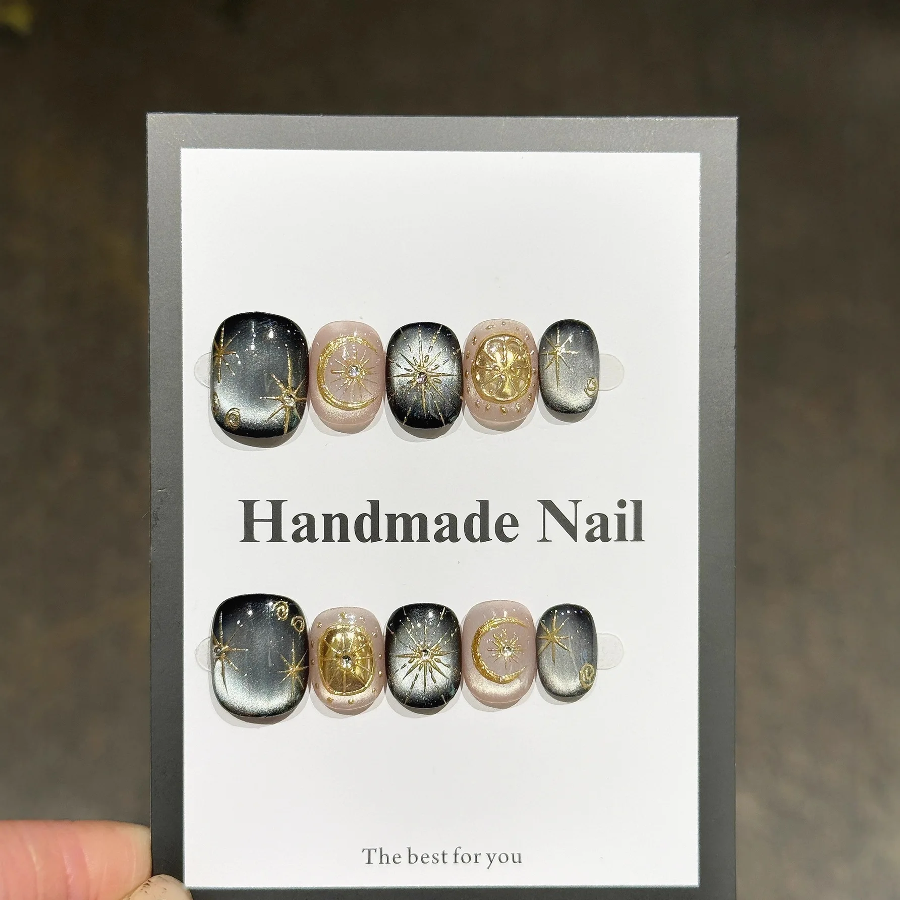 10pcs Glossy Cat Eye Press on Nails Gentle Explosion Stars Moon Handmade False Nails Nude Pink Short Squoval Fake Nails for Girl