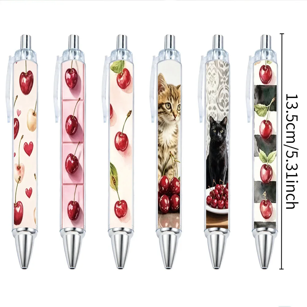 6pcs Watercolor Cherry Cat Themed Click Pen for School Supply Season Student Writing Pens Gift Pens with Random Designs