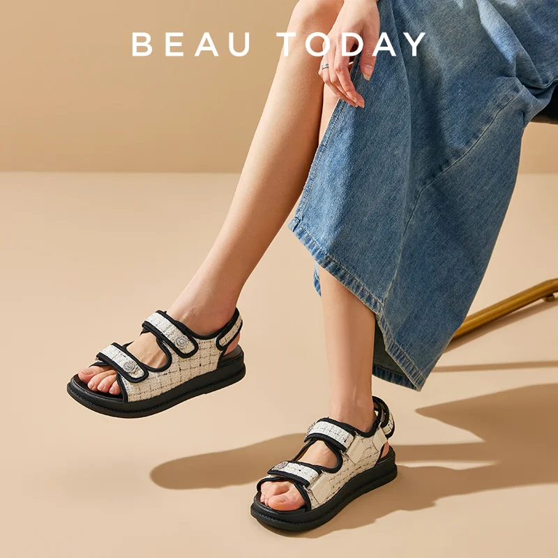 BeauToday Sandals Women Cloth Elastic Band Front and Rear Strap Flats Round Toe Casual Summer Ladies Shoes Handmade 34549