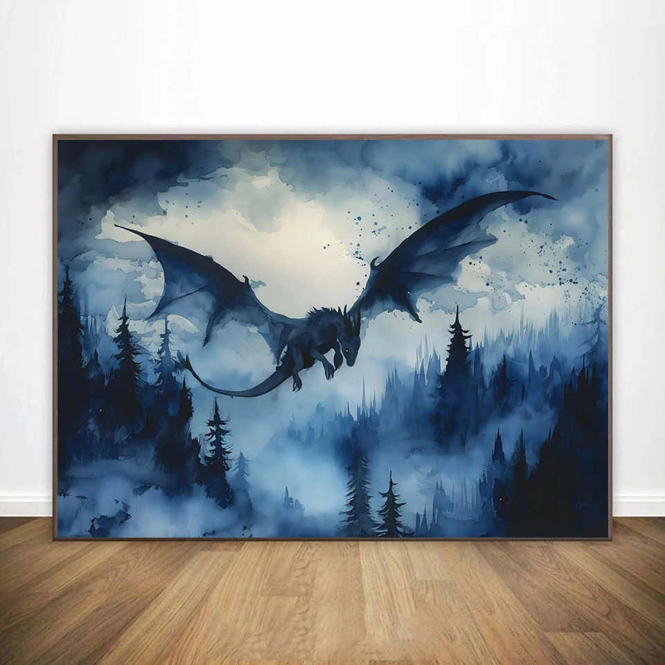 Watercolor Forest White Green Dragon Poster Print Fantasy Canvas  Painting Dark Academia for Living Room Home Decor Cuadros