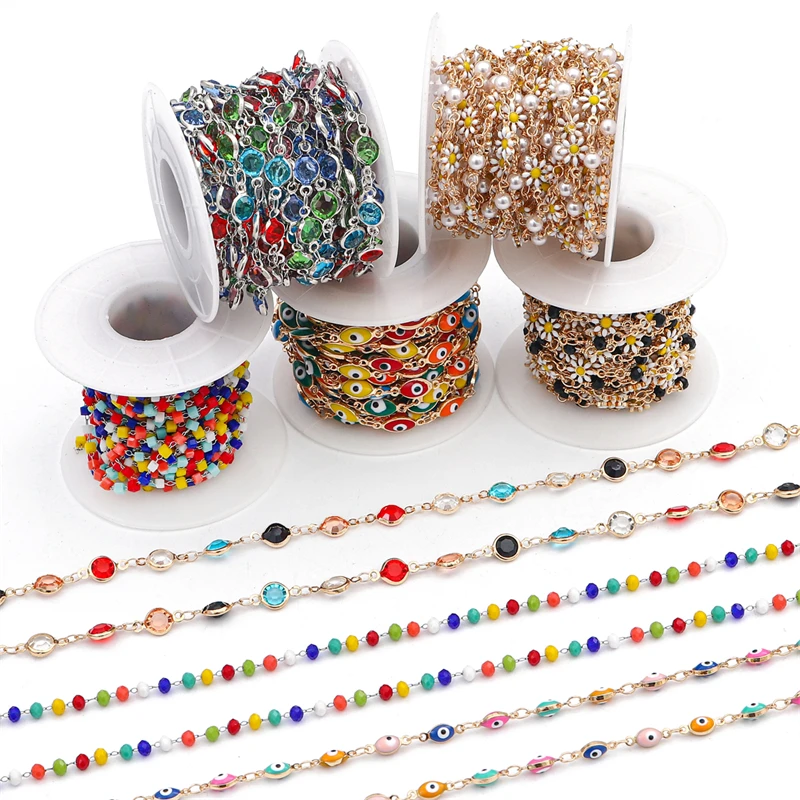 

50CM/Lot Handmade Chain Daisy Flower Evil Eye Rhinestone Crystal Beaded Chain for Necklace Bracelet DIY Jewelry Making Findings