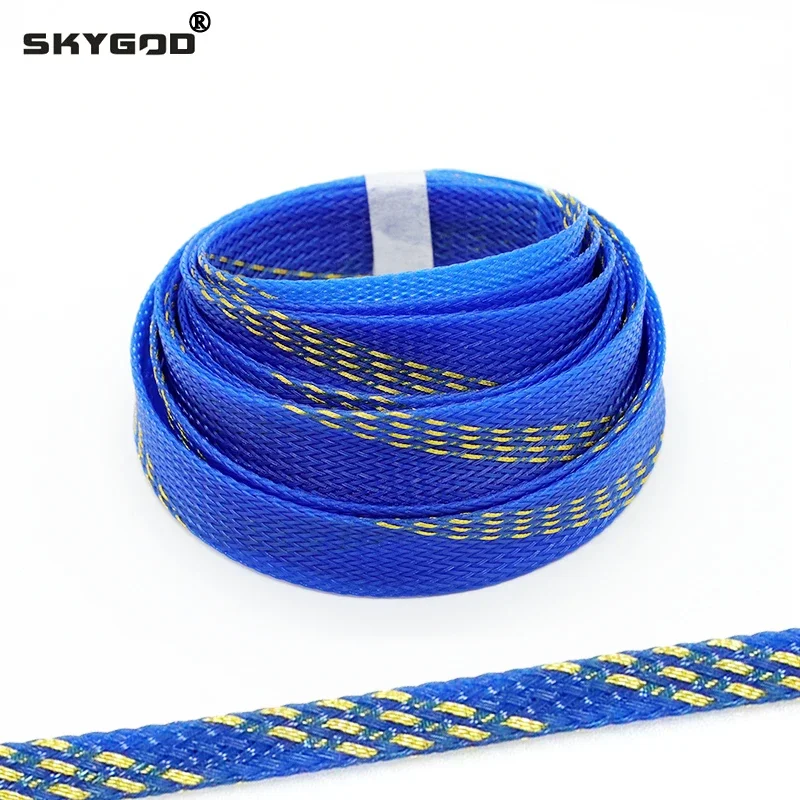 1~50m Blue Gold PET Braid Sleeve 2/4/6/8/10/12/14/16/20mm High Density Sleeving Snake Skin Cable Wrap Sheath For Electric Cables