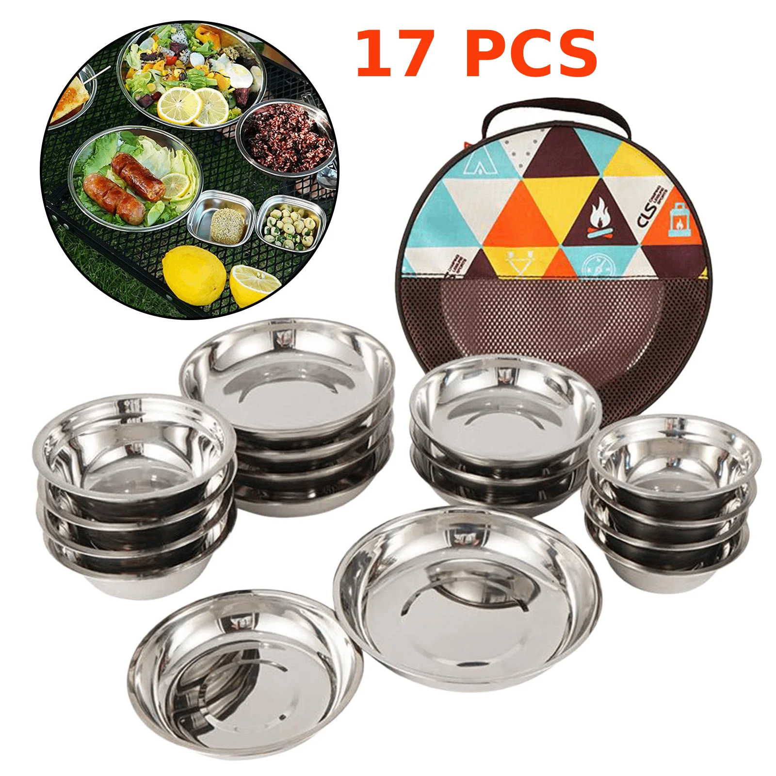 22Pcs/Set Camping Stainless Steel Dinner Dish Plate Durable Outdoor Picnic Tableware Salad Bowl Food Container