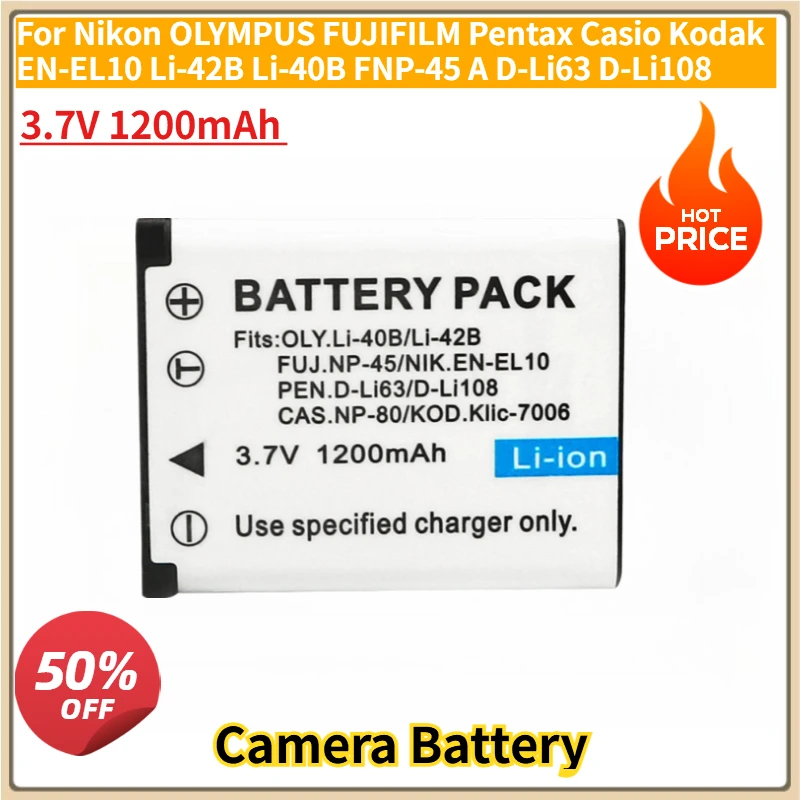 

New Replacement Battery 3.7V 1200mAh for Nikon OLYMPUS FUJIFILM Pentax Casio Kodak EN-EL10 Li-42B Li-40B FNP-45 A D-Li63 D-Li108