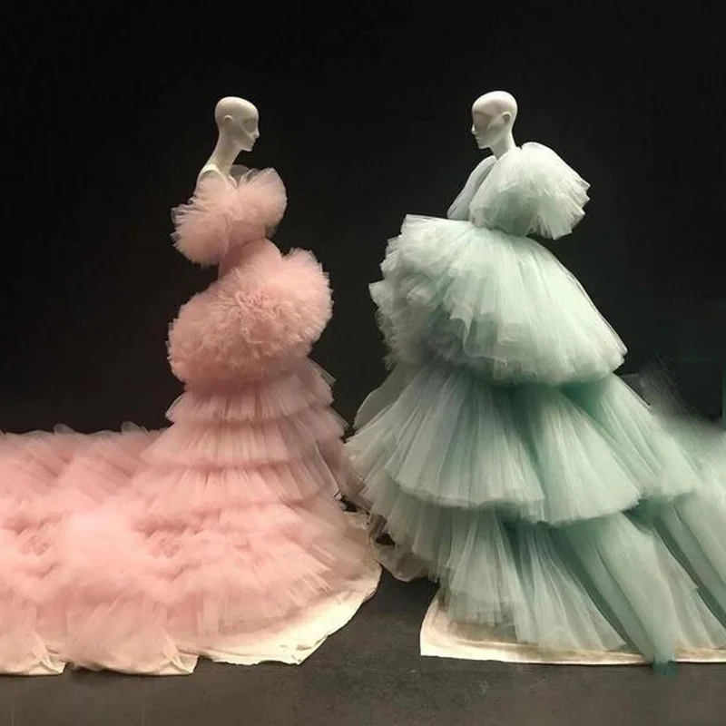 

2 Style Pink Ruffles Formal Event Party Dresses Tulle Tail Prom Gowns Layered Off Shoulder Puffy Evening Gowns Tierred Lush