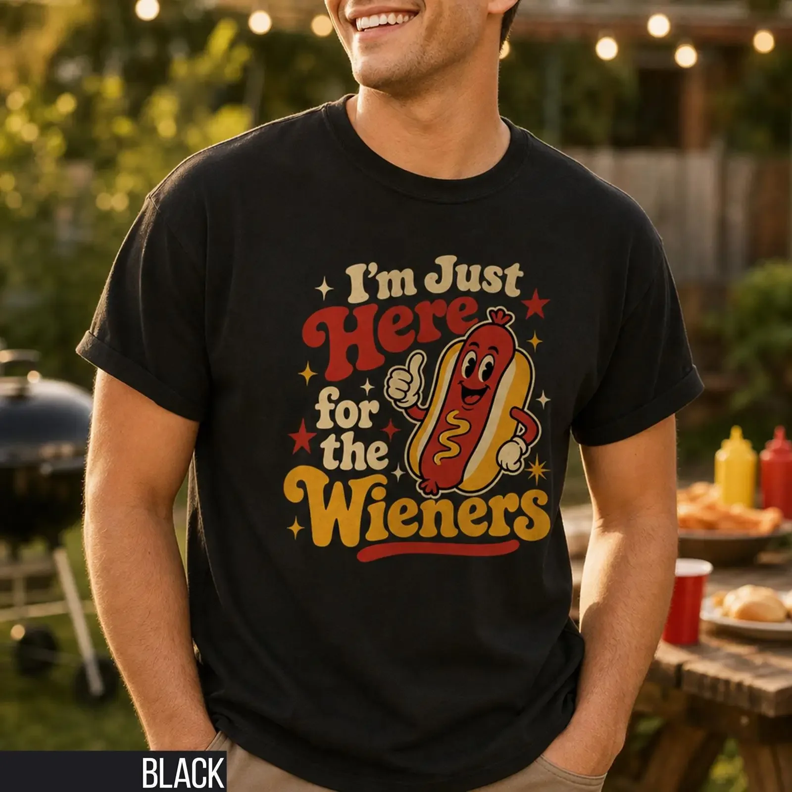 I'm Just Here for the Wieners Funny Hot Dog Retro T shirt Casual Cookout BBQ Grilling Humor Lovers vintage Washed Unisex