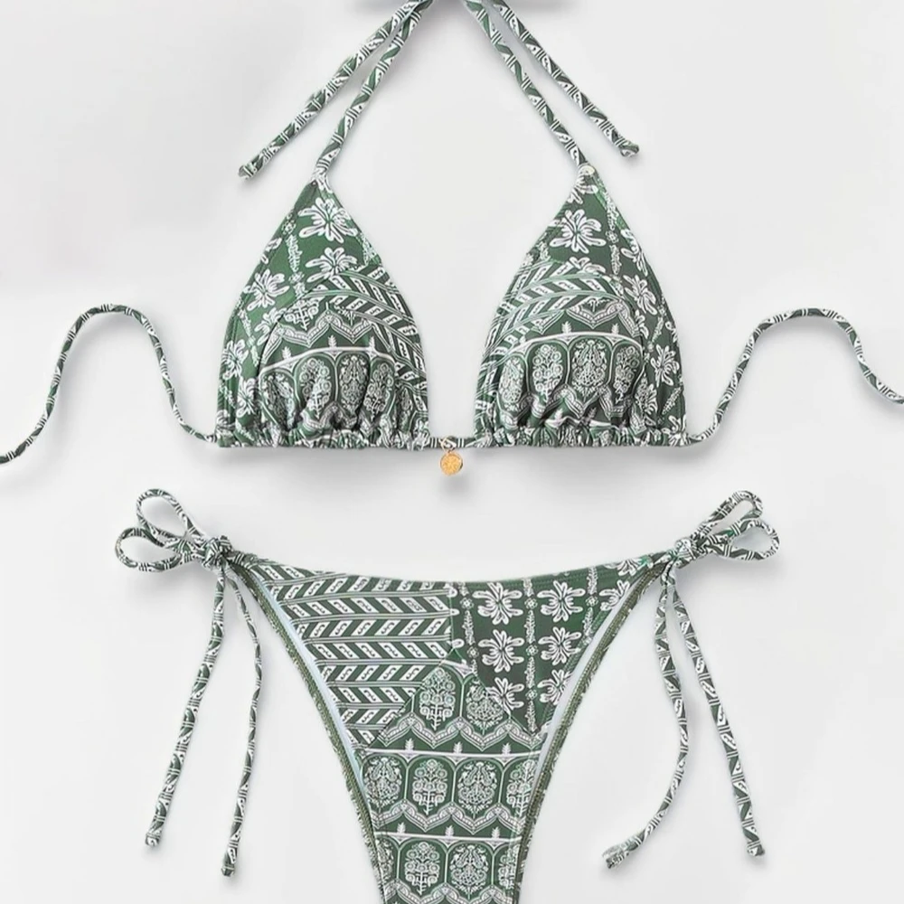 Bedruckter Badeanzug-Bikini für Damen, sexy, freiliegender Hosenträger, Brustpolster ohne Stahlunterstützung, geeignet für Schwimmen, Wassersport