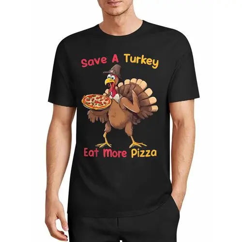 Thanksgiving Fun Print T-Shirt: Let Go of the Turkey, Eat More Pizza Cartoon Turkey Pizza Black Short Sleeve