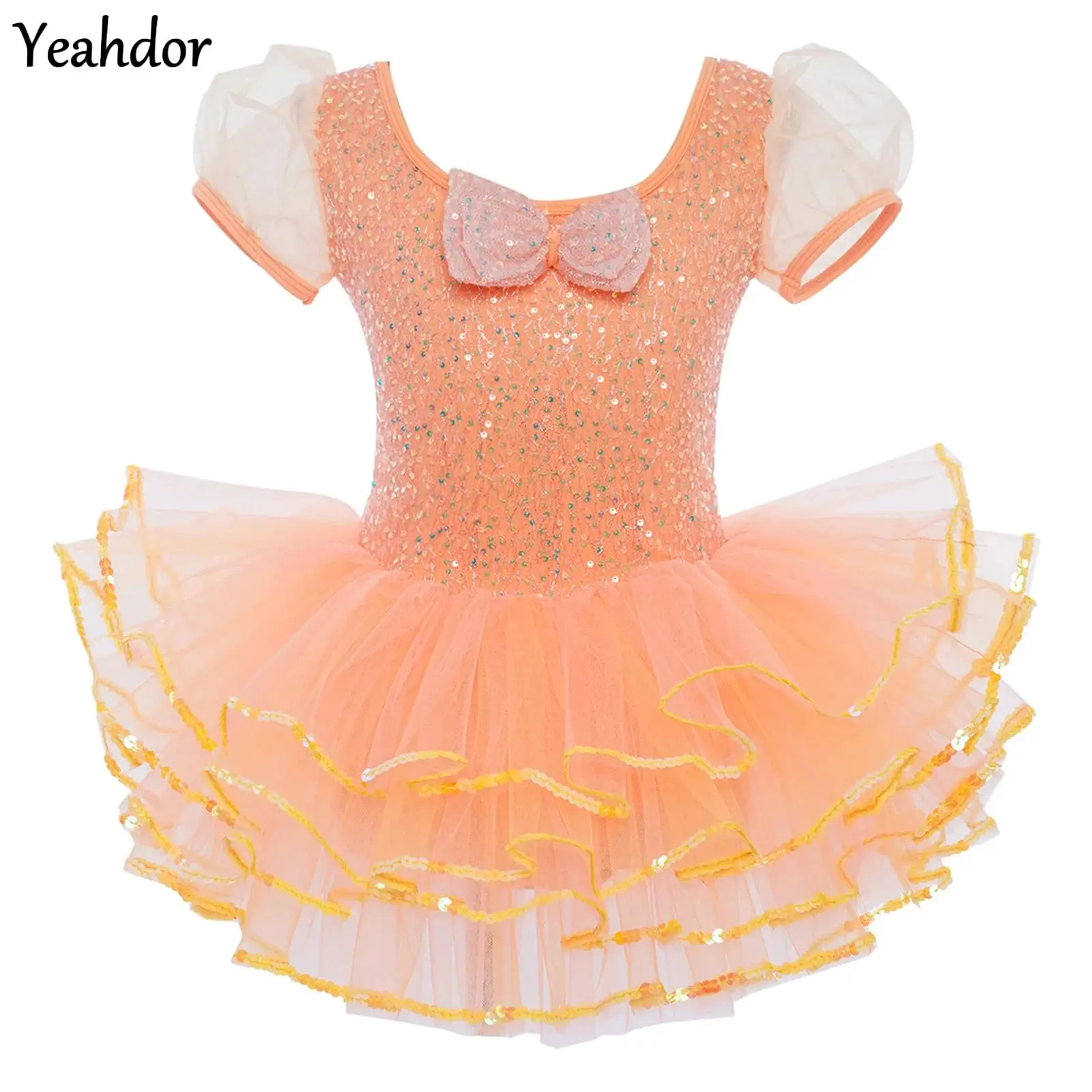 

Kids Girls Shiny Sequins Ballet Dance Tutu Dress Short Puff Sleeves Bowknot Layered Tulle Dress Carnivals Party Performance