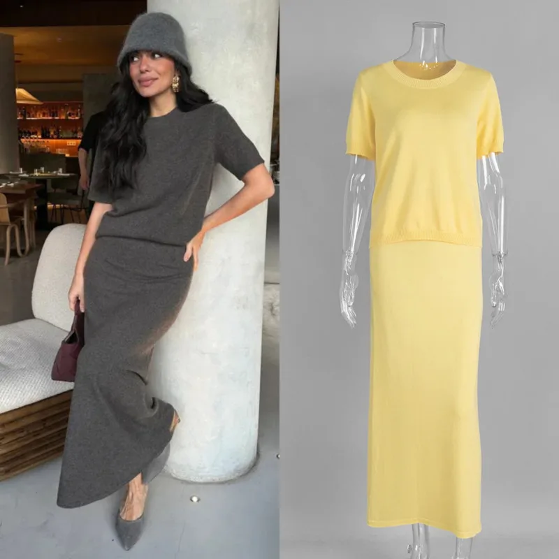 Solid Color Knitted Short Sleeve Pullover Elegant Minimalist High Waist Skirt Fashionable Women's Summer Essentials Knitted Set