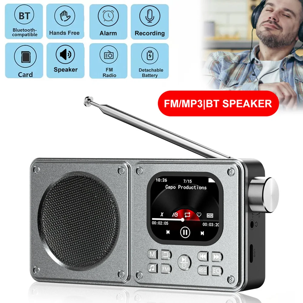 Reproductor de Radio FM portátil MP3/MP4, altavoces BT inalámbricos para exteriores de 1500mAh, Mini reproductor de música con sonido Hifi para viajes al aire libre y Camping
