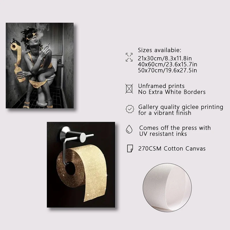 3pcs Canvas Print Painting Bathroom Fashion Woman Bling Toilet Roll Paper Poster Women Funny Bathroom Decoration Wall Art Poster