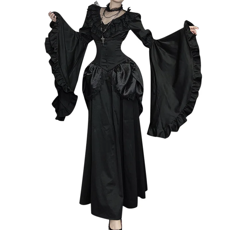 

2025 New Vintage Dark Gothic Lace Top Women Long-sleeve Patchwork Fitted Y2K Lolita Shirt Elegant French Dark Halloween Clothing