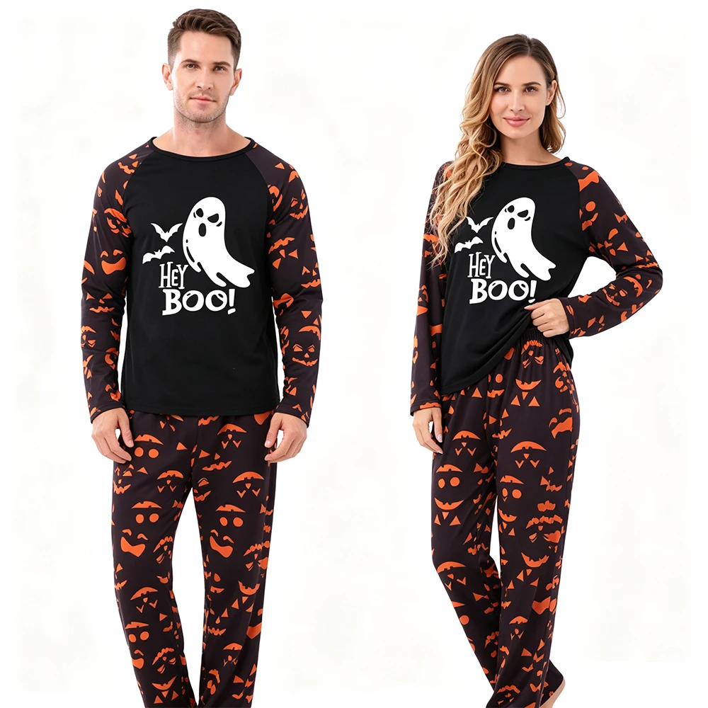 Pijamas de Halloween con estampado que brilla en la oscuridad, de manga larga, para usar como ropa de noche, con motivos de fantasmas y murciélagos, ropa cómoda para estar en casa, pijamas familiares a juego para Navidad.
