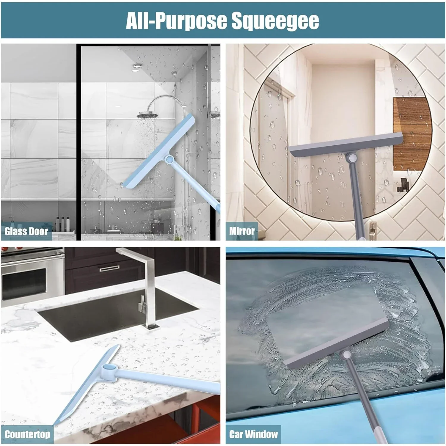 Shower Squeegee for Shower Door, Glass Doors, Bathroom, Mirrors, Windows Cars and Tile Walls, Silicone Handle Shower Squeegee