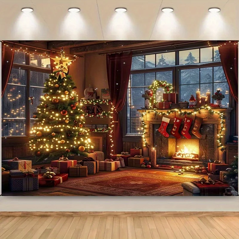 Tapiz navideño luminoso: diseño de chimenea y calcetines para festivales: utilizado para decoración de festivales y fotos de fiestas