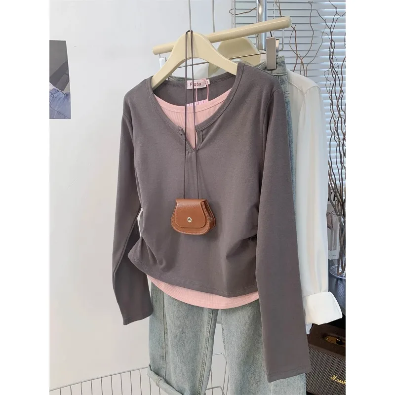 Women's Fake Two-Piece Long Sleeve T-Shirt, V-Neck Color Block Slim Fit Casual Fall Top