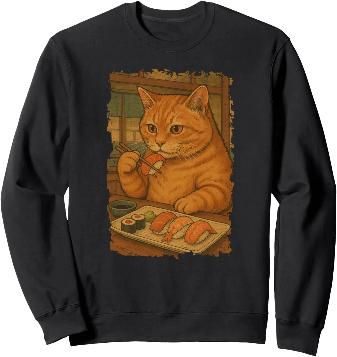 

Autumn and Winter Cat - Sushi Themed Cotton Crew Neck Sweatshirt This Adorable Design Features An Orange Cat Enjoying Sushi