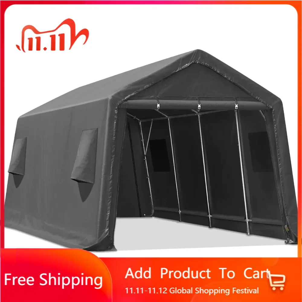 

Heavy Duty 10x20 ft Carport Outdoor Patio Portable Canopy Storage Shelter Shed with 2 Roll up Zipper Doors & Vents for Snowmobi