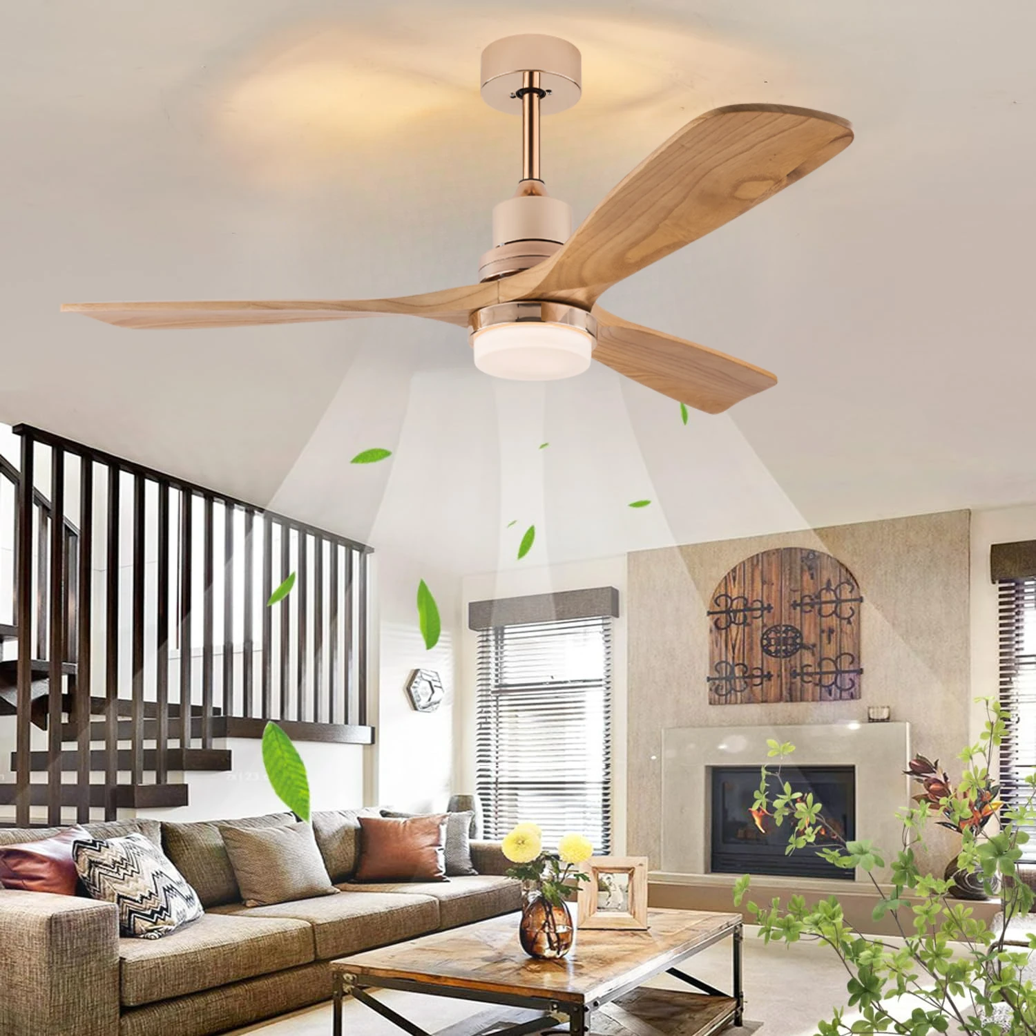 52 Inch Solid Wood Ceiling Fan Light 3 Blades Vintage Remote Control Dimmable LED Reversible Living Room Bedroom Home Decor