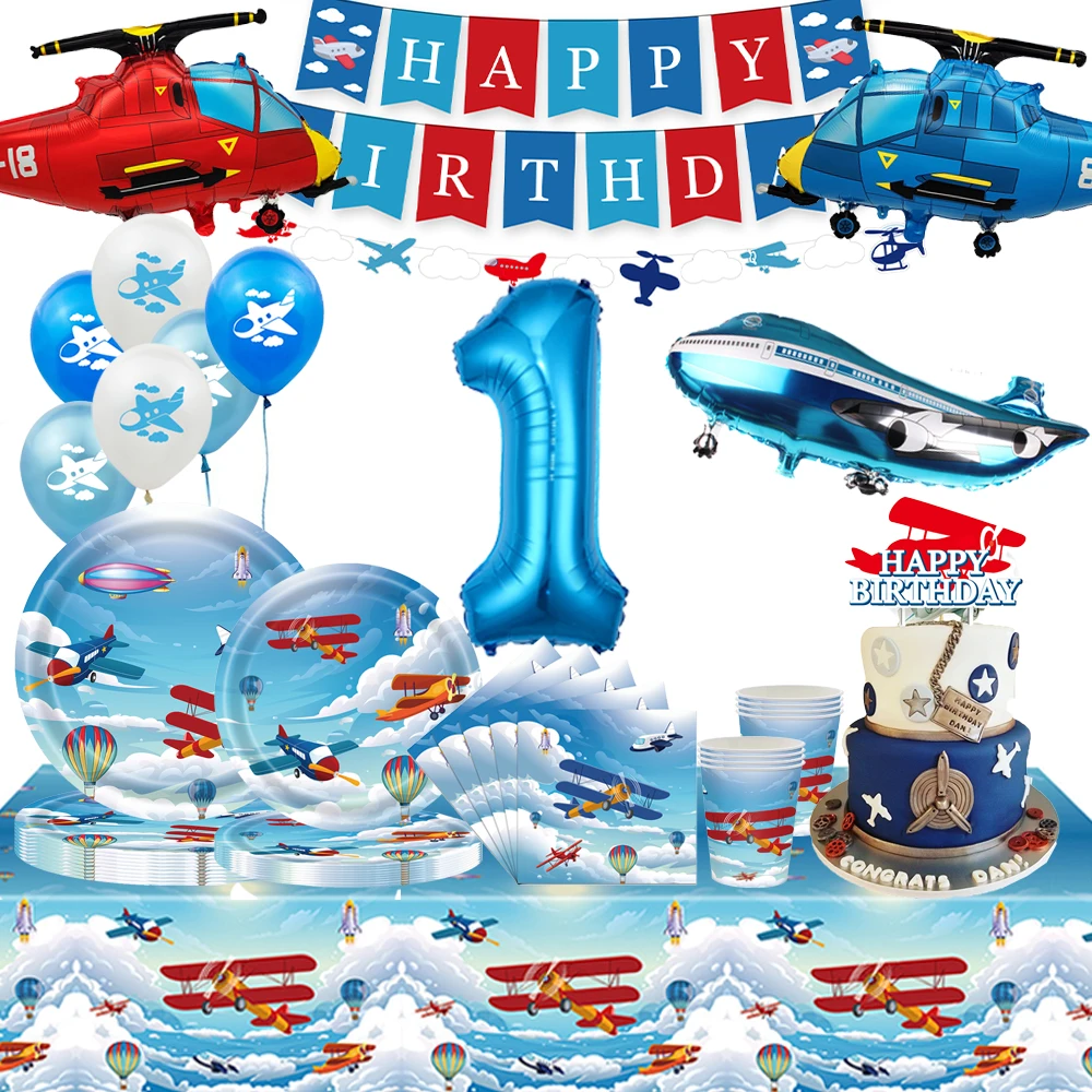 Airplane Party Decoration Tableware Plates Napkins Cups Foil Balloon Kids Aviator Plane Birthday Decor Boys Baby Shower Supplies